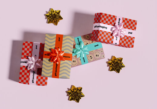 Top View of Gift Boxes with Ribbons Mockup