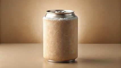 A can koozie with a lid slightly ajar on a beige background, revealing a frosty drink inside, insulation, insulated can