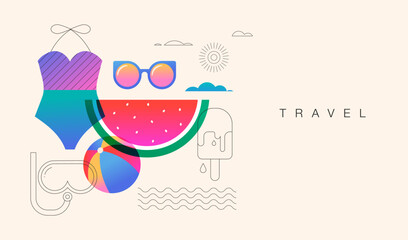 Colorful summer background with swimsuit, watermelon, sunglasses and beach ball. Bright modern illustration with color gradient.
