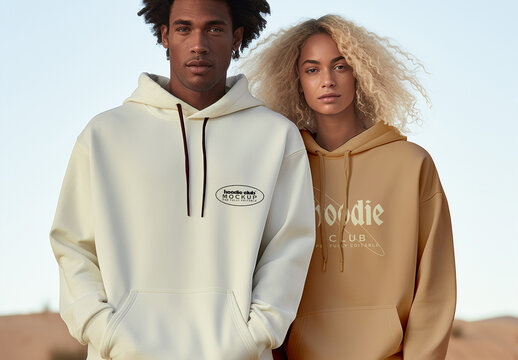 Couple Wearing Hoodies in Desert Landscape Mockup
