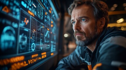 A worker focuses intently on a digital screen displaying logistics data, facilitating efficient inventory management and shipping operations in a high tech warehouse.