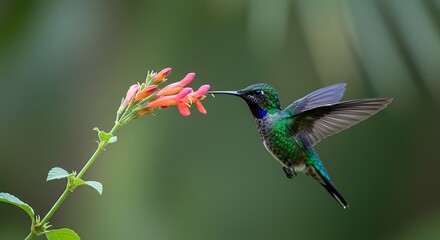 Hummingbird Feeding on Flower with Green Plumage and Dark Background