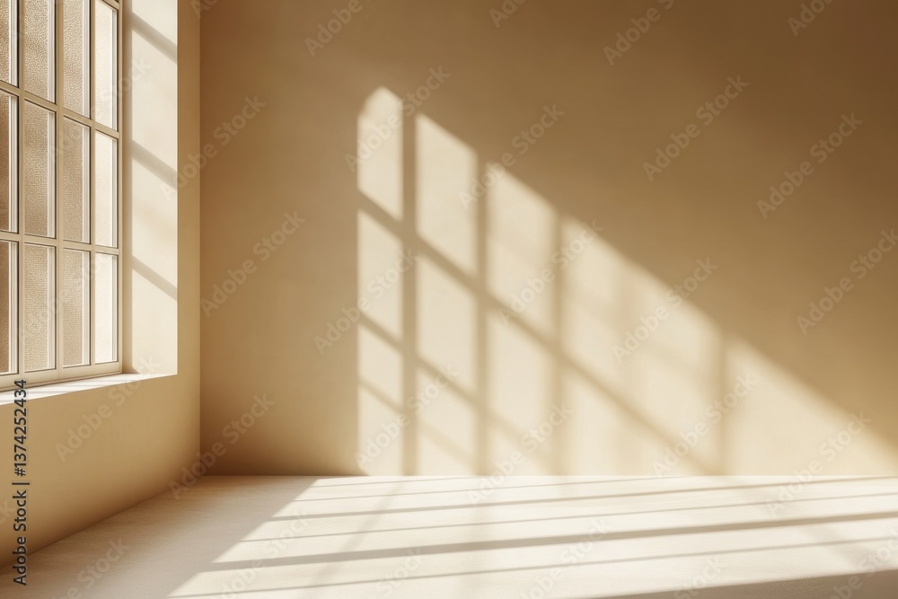 Poster interior space bathed in sunlight casting shadows from a window creating a serene and minimalist atm