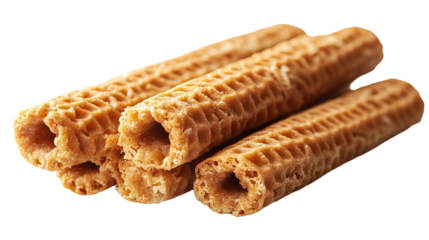 Crispy Delights: A tantalizing close-up of several perfectly golden rolled wafers, showcasing their intricate textures. Ideal for culinary projects and food-themed designs. 