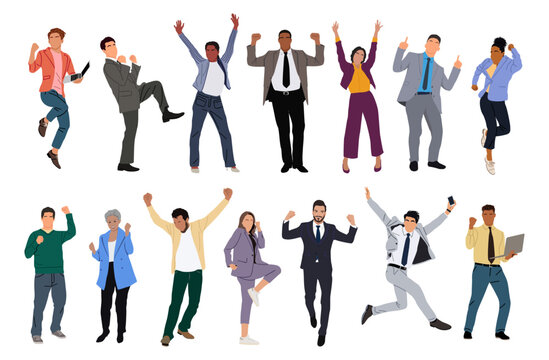 Set of different business people celebrating win, goal achievement. Business team with hands up isolated on white background. Concept of victory and success. Vector illustration in flat cartoon style.