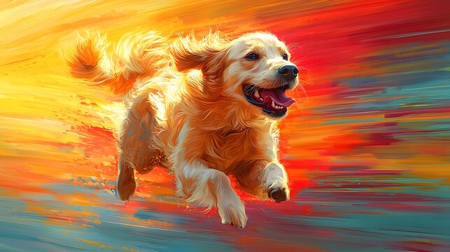 Golden Retriever Running, Vibrant Sunset, Artistic Style