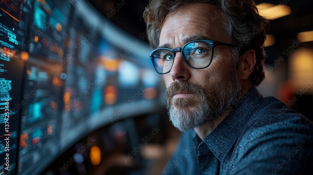 Poster A focused individual monitors digital displays in a logistics hub, overseeing inventory management and distribution processes in an efficient warehouse environment.