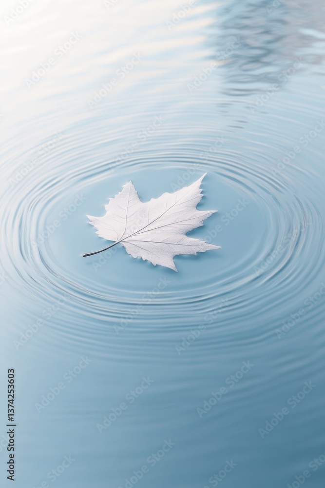 Poster realistic 3d-rendered scene of single leaf gently floating on serene water surface detailed ripples 