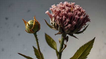 A contrast between a dried flower and a fresh bud, symbolizing the cycle of life