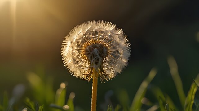 A dandelion bud in early stages, with soft fuzz catching the golden sunlight - Powered by Adobe