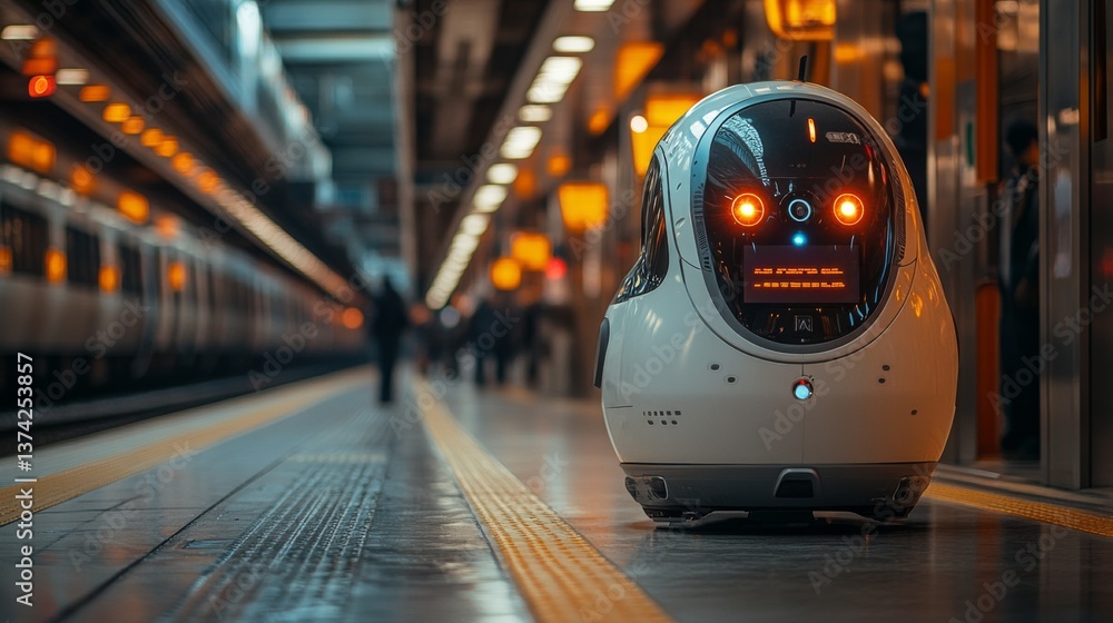 Aufkleber A robotic assistant monitors passenger flow at a busy transportation hub. Its sensors display information while it stands near the platform, ensuring security during peak travel times.