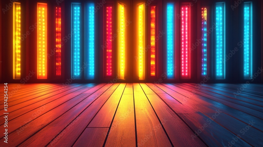 Poster vibrant illuminated panels casting colorful light on a wooden floor creating a dynamic and modern at