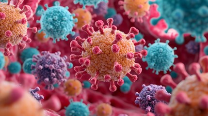 Obraz premium cell, vessel and medical concept. Microscopic view of colorful viruses in a vibrant environment.