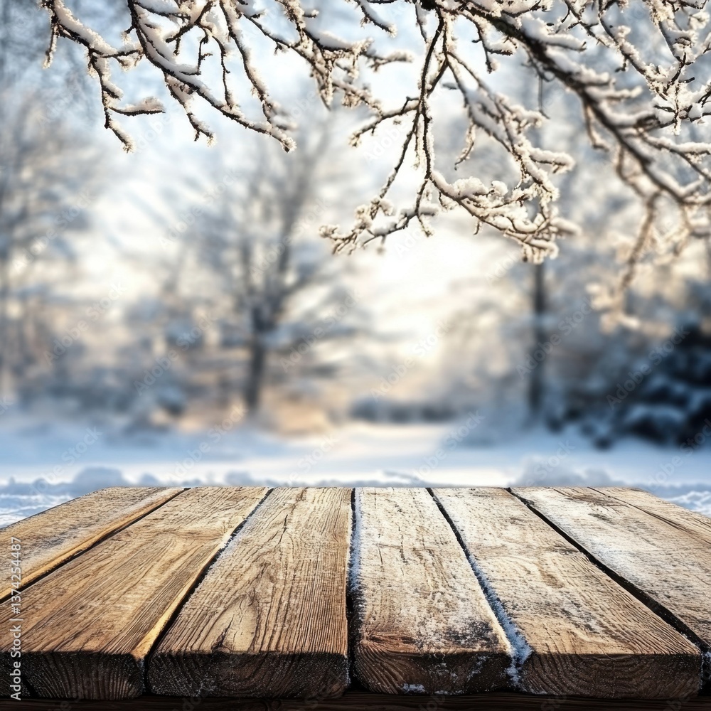 Poster enchanting winter scene with snowy branches framing a blurred forest backdrop and a rustic wooden ta