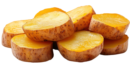 Golden Potato Halves: A captivating studio shot reveals a group of perfectly sliced golden potato halves. Every detail from the skin to the fluffy interior.