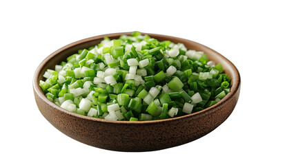 Freshly Chopped Scallions: Finely diced scallions, vibrant green and white, are artfully arranged in a rustic wooden bowl, inviting culinary creativity.