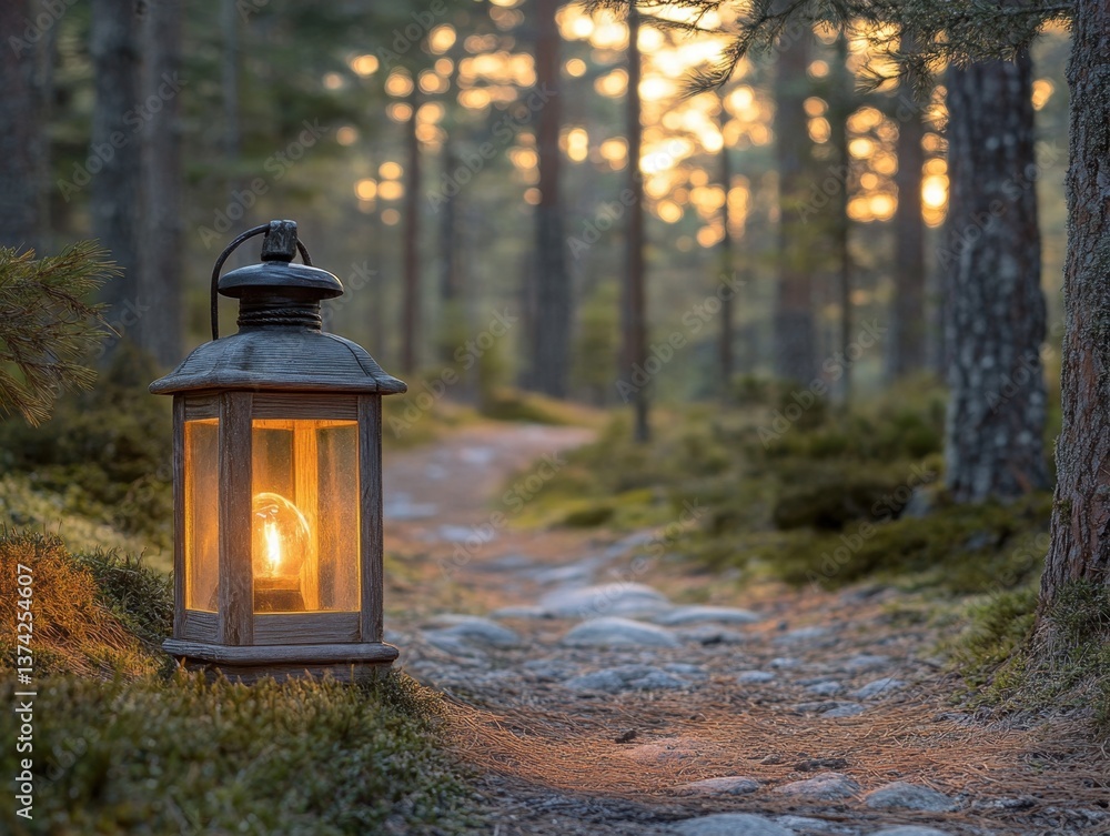 Poster enchanting forest path illuminated by vintage lantern warm glow casting light and shadow on mossy gr