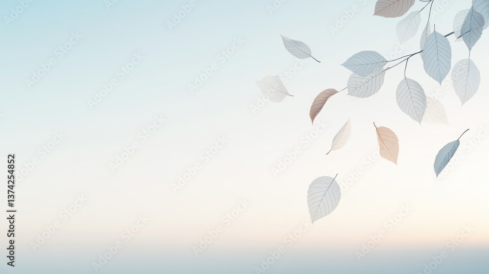 Poster serene arrangement of intricate 3d-rendered tree leaves gently falling against soft gradient backdro