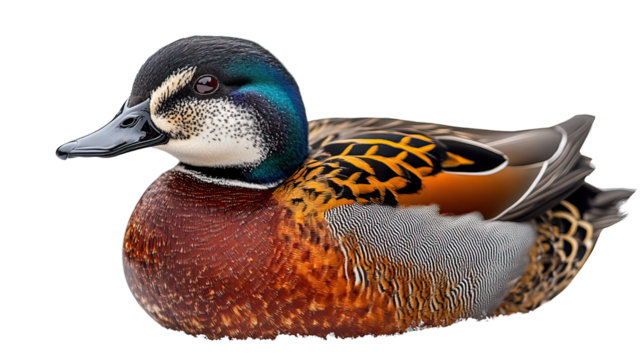 Vibrant Teal Duck: Captivating close-up of a colorful duck, showcasing its stunning plumage and unique details in a photorealistic style. 