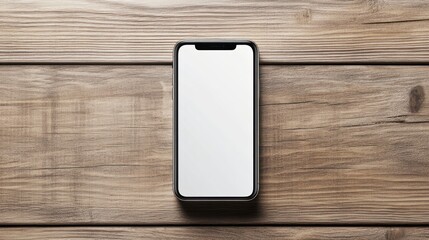 Smartphone with White Screen on Rustic Wood Surface Top View