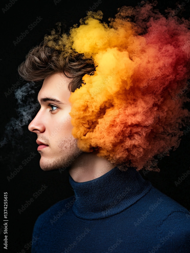 Poster man with vibrant explosion of colored powder around head representing abstract emotion and expressiv