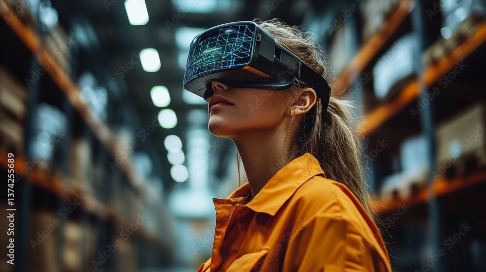 Poster a woman in an orange work uniform is immersed in a virtual reality experience within a large warehou