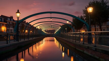 A pedestrian bridge over a canal, with streetlights reflecting on the water as the sun sets