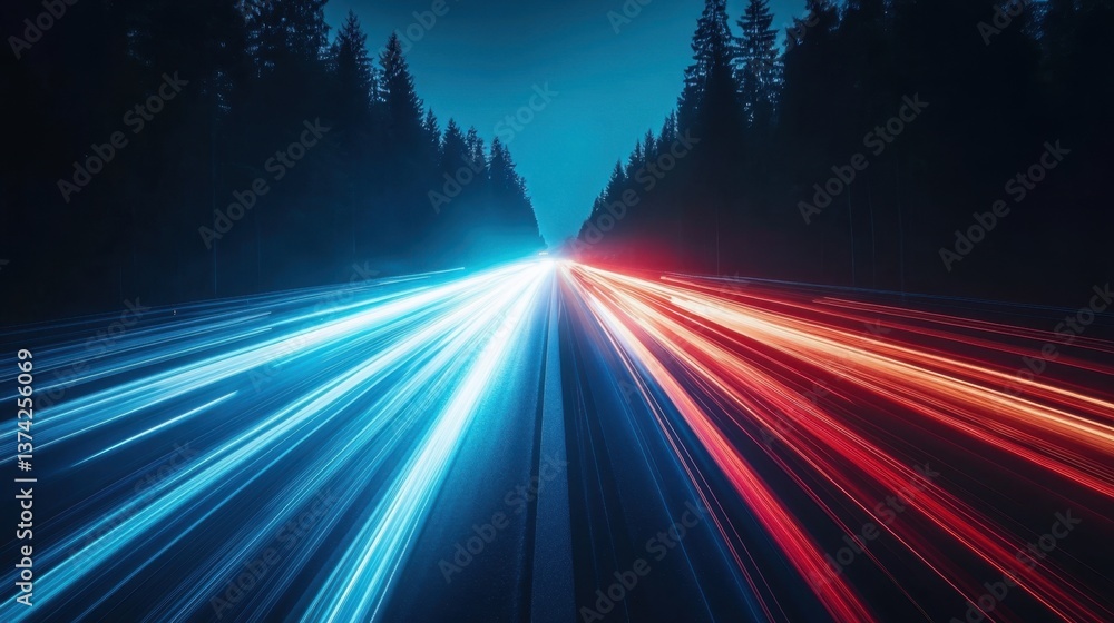 Poster dynamic highway at night with vibrant light trails creating a sense of speed and motion through dark