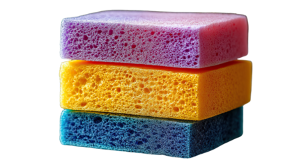 Stacked sponges: A vibrant stack of colorful sponges, each displaying its unique hue in a simple, clean composition.