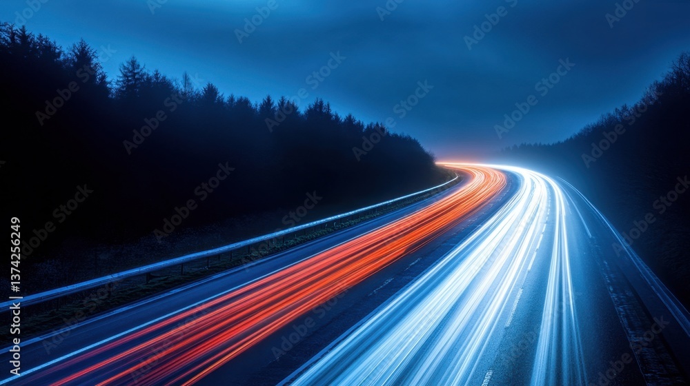 Poster dynamic highway at twilight with blurred car lights creating vibrant streaks of red and white in mot