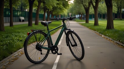 Fototapeta premium A sleek bicycle resting on a green urban pathway