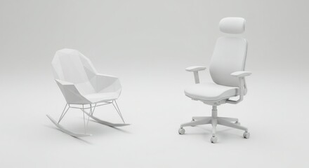 Fototapeta premium White Rocking Chair And Modern Office Chair On White Background