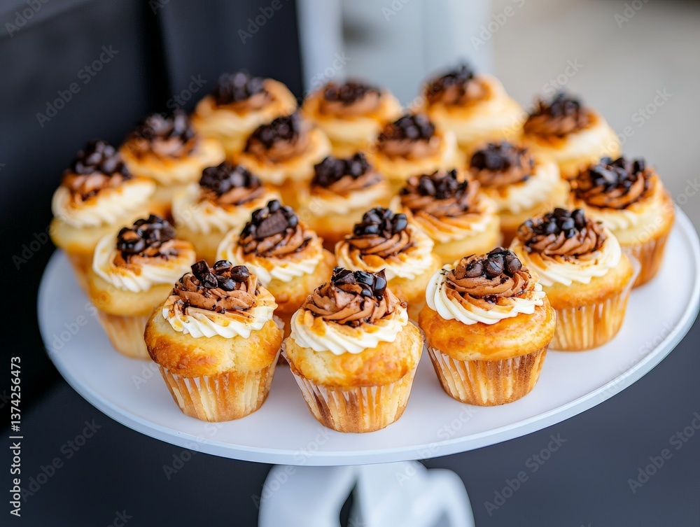 Poster tray of golden tartlets topped with caramelized fruits and nuts arranged in neat rows on dark plate 