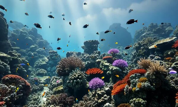 A coral reef with many different colored fish and corals