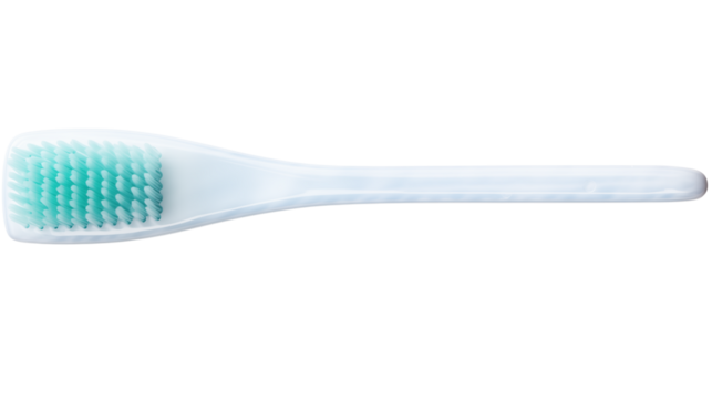 Close up of a white toothbrush with blue green bristles