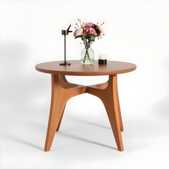 There is a wooden table with a minimalist design. Clean lines and soft curves are in harmony. A vase filled with flowers and a candle holder are placed on the table, adding a warm atmosphere.
