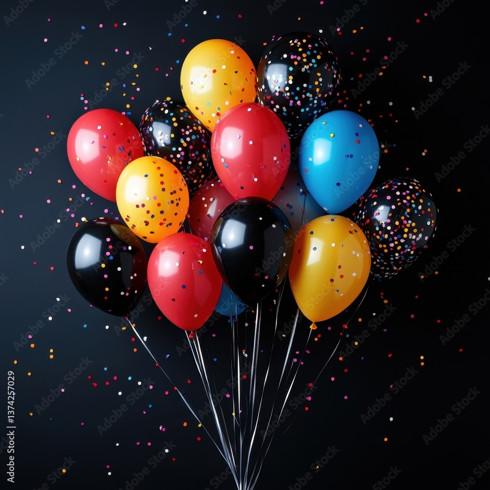Poster festive celebration with a vibrant array of colorful balloons against a dark background creating a j
