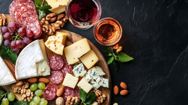 Cheese and Charcuterie Board with Wine Glasses Elegant Food Arrangement