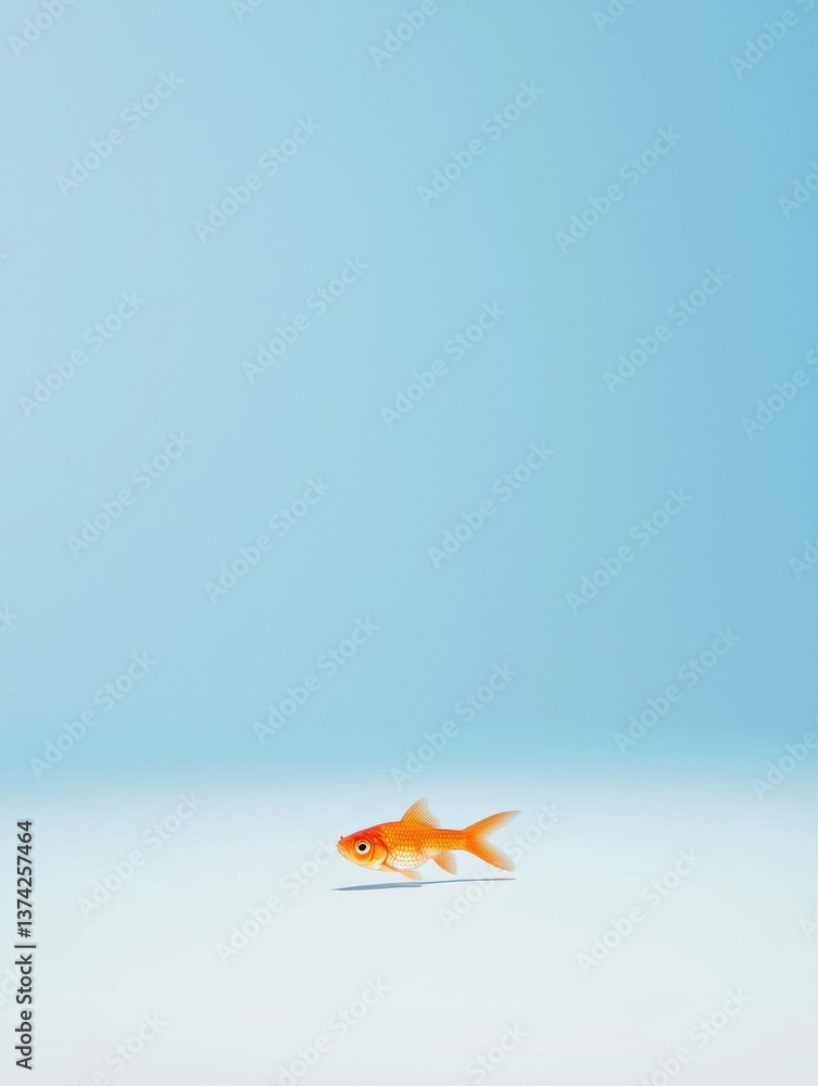 Poster simple illustration of a goldfish swimming in the ocean. the background is a light blue color with a