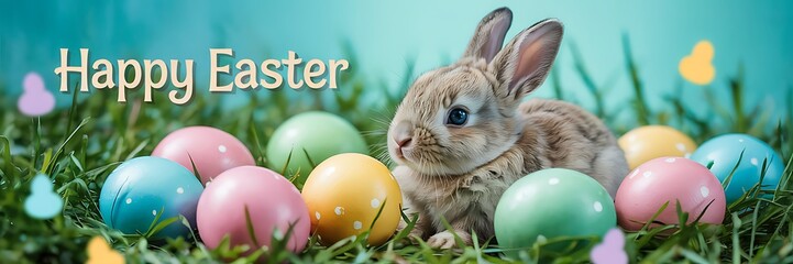 Adorable Baby Bunny Sitting Among Pastel-Colored Easter Eggs on a Vibrant Turquoise Background Perfect for Easter-Themed Designs Spring Celebrations Holiday Marketing and Cute Animal Stock Photography