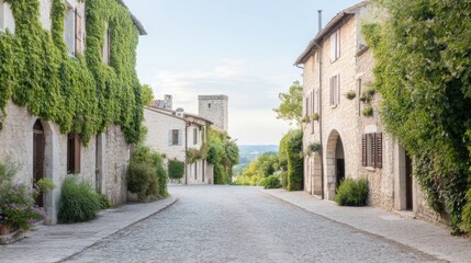 Fototapeta premium serene medieval cobblestone street gently curving between weathered stone buildings surrounded by greenery with hints
