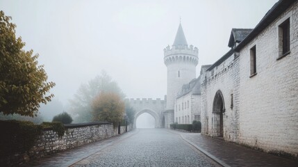 Obraz premium serene medieval cobblestone street with timeless stone structures in historic european city