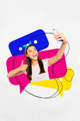 Fototapeta premium Template sketch image composite artwork collage of young woman smile thumb up like hand hold smartphone selfie textbox bubble chatting