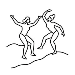 Joyful Women Dancing on Beach, Summer Fun, Line Art Illustration