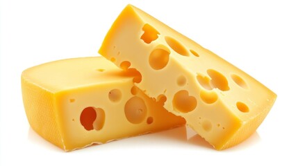 Cheese Still Life Two Wedge Pieces with Holes on White Background