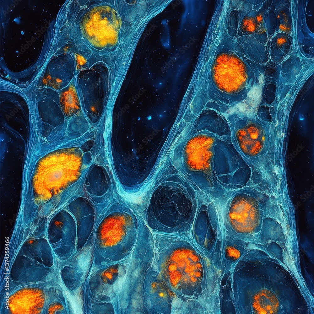 Aufkleber microscopic cellular network with glowing nuclei in a deep blue matrix abstract science art
