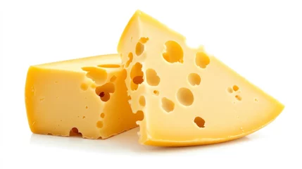 Two Swiss Cheese Wedges on White Background Close Up View