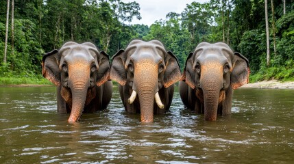 Fototapeta premium Three Elephants Standing in Calm Water Amidst Lush Greenery