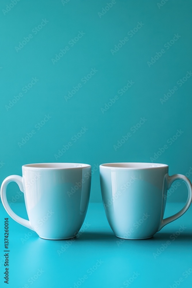 Poster two elegant cups on a vibrant turquoise background creating a serene and inviting atmosphere perfect