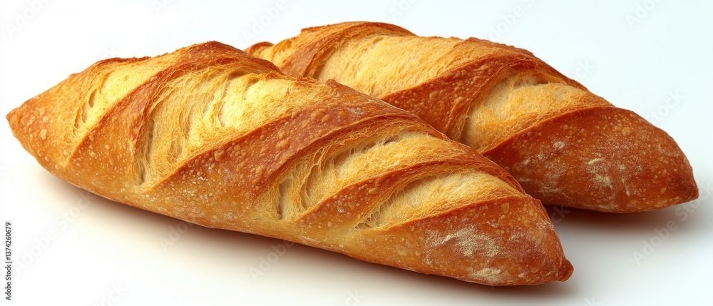 Poster two freshly baked baguettes displaying crispy crust and soft interior on a clean white surface in a 